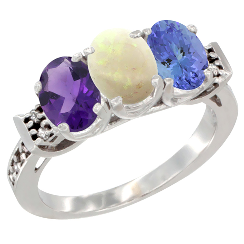 10K White Gold Natural Amethyst, Opal & Tanzanite Ring 3-Stone Oval 7x5 mm Diamond Accent, sizes 5 - 10