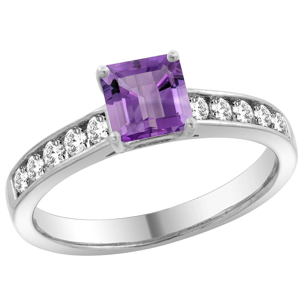 14K White Gold Natural Amethyst Engagement Ring Princess cut 5mm, sizes 5 - 10