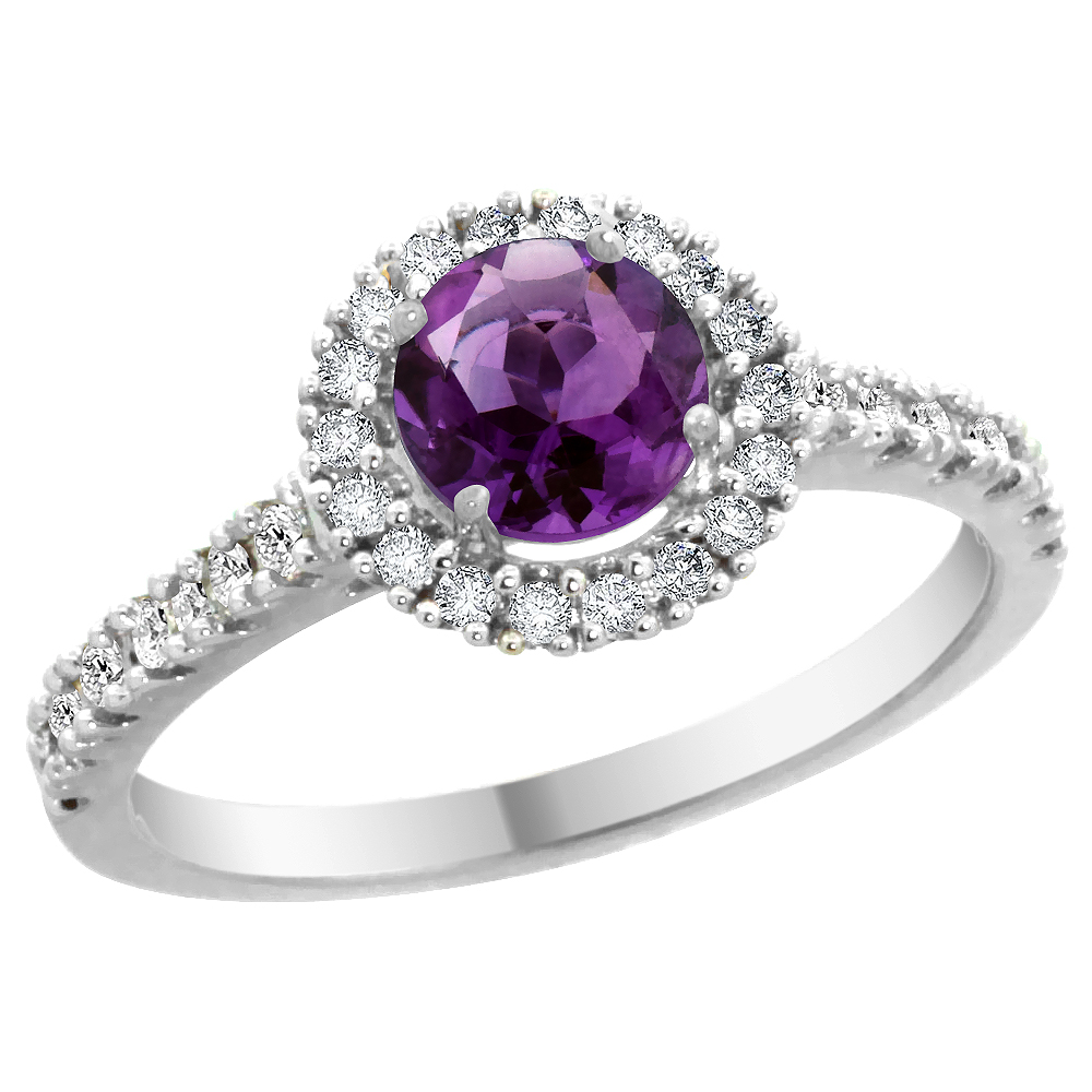 14K White Gold Diamond Halo Natural Amethyst Ring Round 6mm, sizes 5 - 10