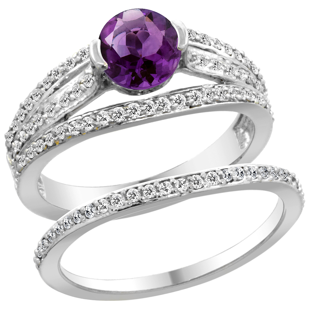 14K White Gold Natural Amethyst 2-piece Engagement Ring Set Round 6mm, sizes 5 - 10