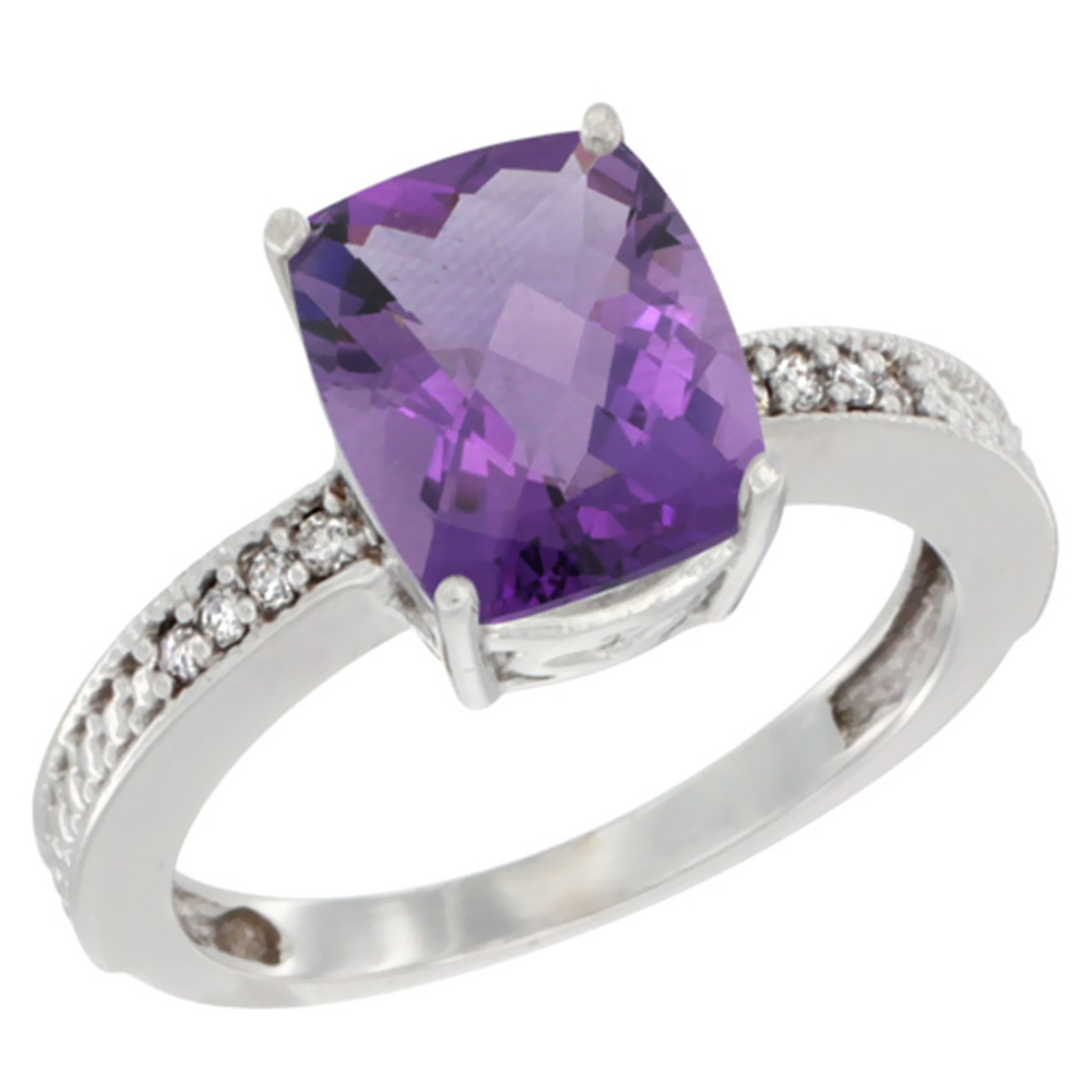 14K White Gold Diamond Cushion 10x8 mm Natural Amethyst Stone Ring, sizes 5 - 10