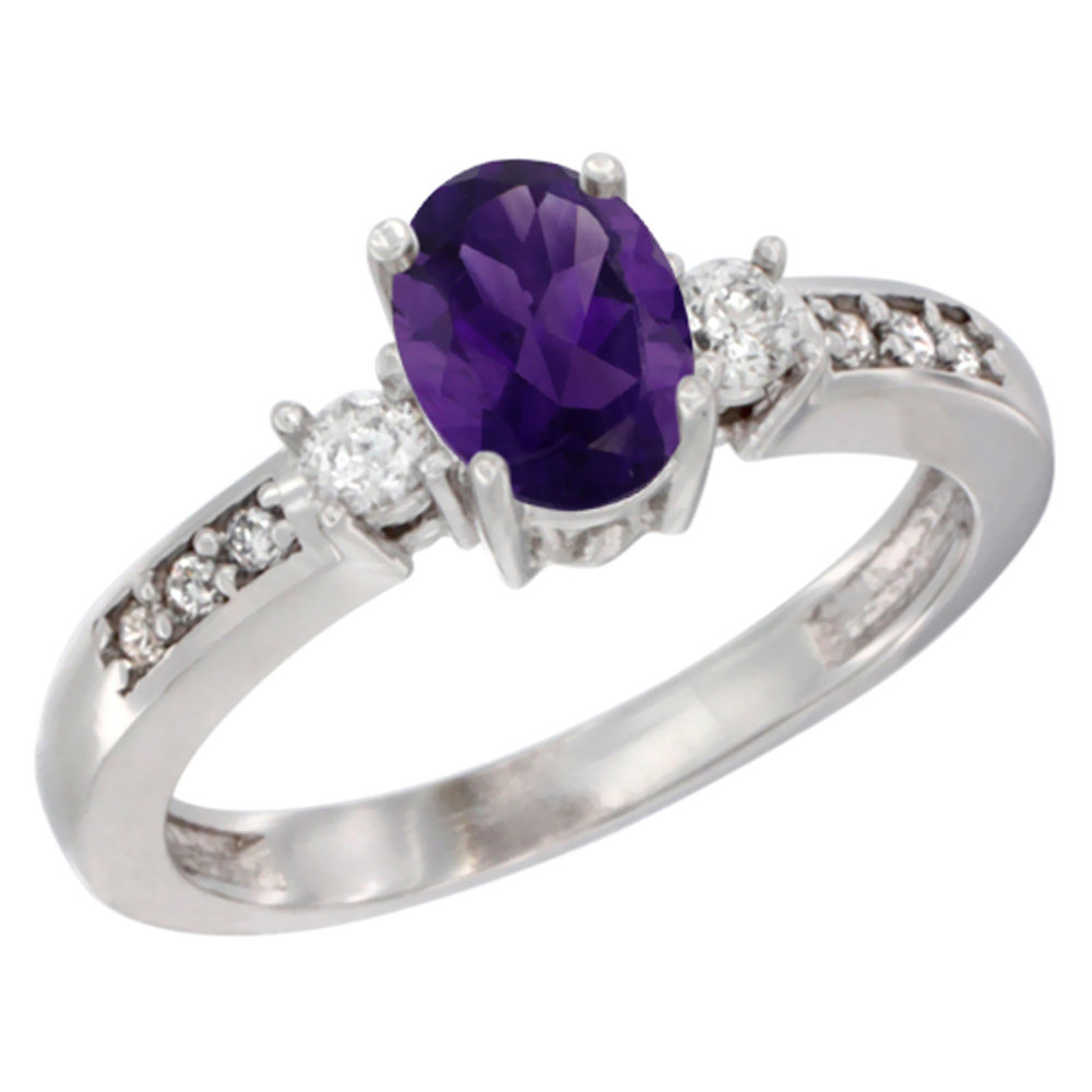 10K White Gold Diamond Genuine Amethyst Engagement Ring Oval 7x5 mm sizes 5 - 10