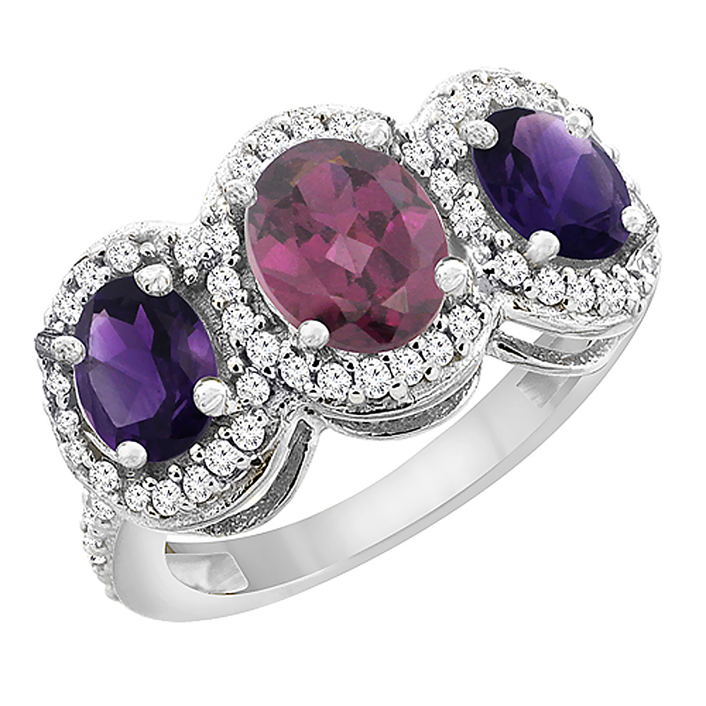 14K White Gold Natural Rhodolite & Amethyst 3-Stone Ring Oval Diamond Accent, sizes 5 - 10