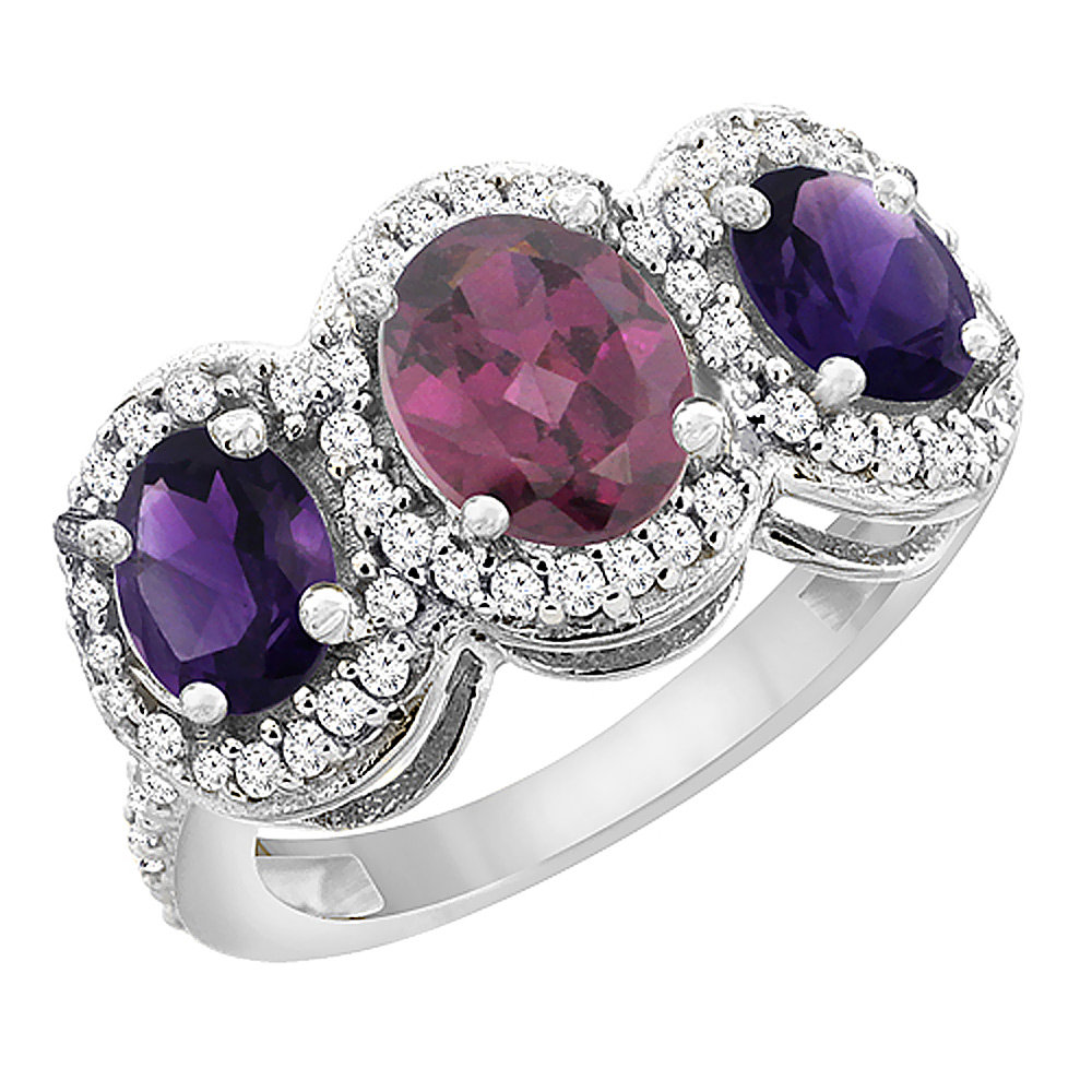 10K White Gold Natural Rhodolite &amp; Amethyst 3-Stone Ring Oval Diamond Accent, sizes 5 - 10