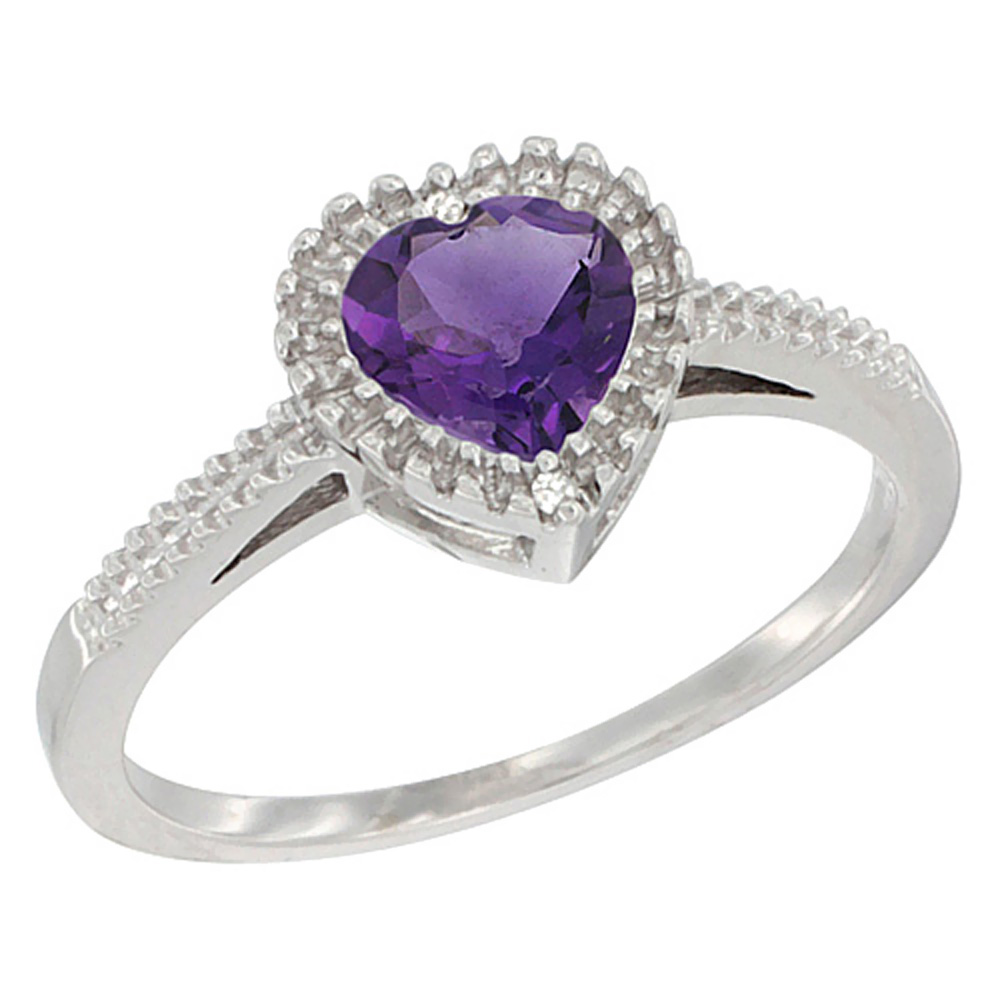 10K White Gold Genuine Amethyst Ring Heart 6x6 mm sizes 5 - 10