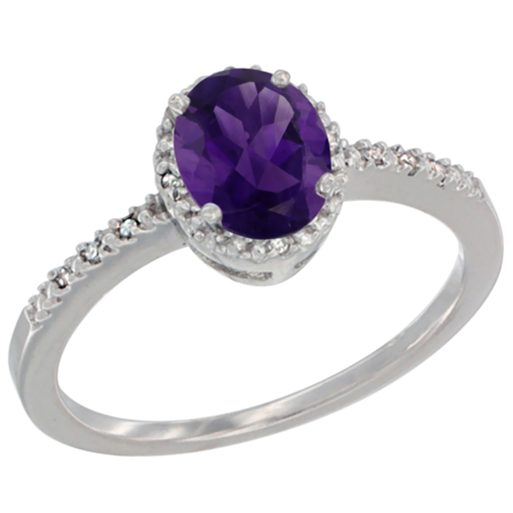 14K White Gold Diamond Natural Amethyst Engagement Ring Oval 7x5 mm, sizes 5 - 10