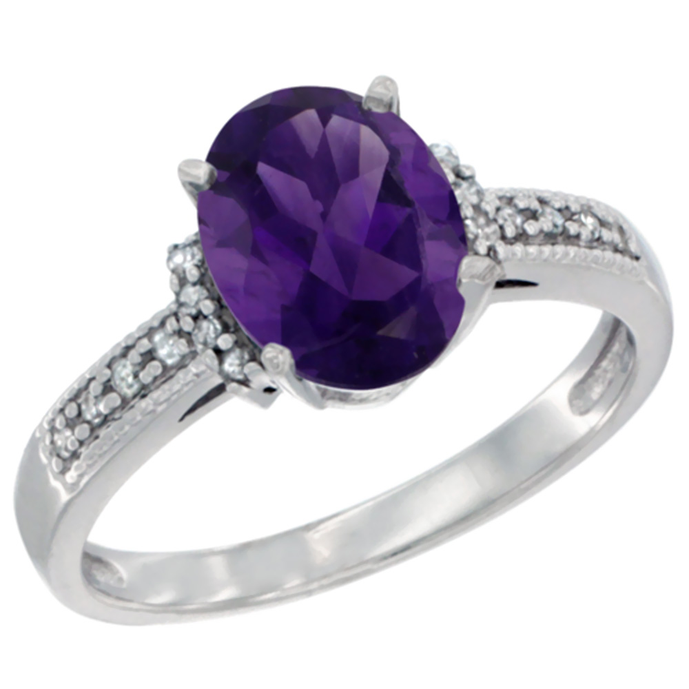 14K White Gold Natural Amethyst Ring Oval 9x7 mm Diamond Accent, sizes 5 - 10