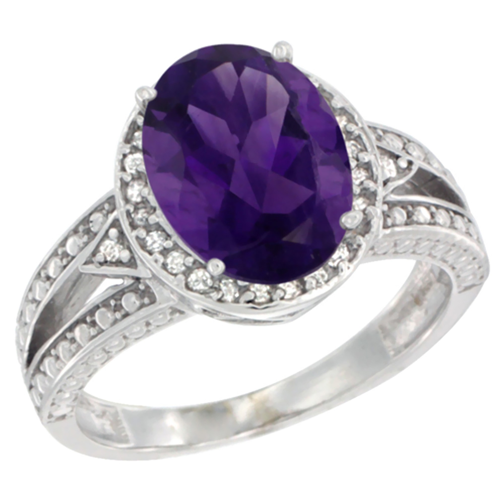 10k White Gold Diamond Halo Genuine Amethyst Ring Oval 9x7 mm sizes 5 - 10