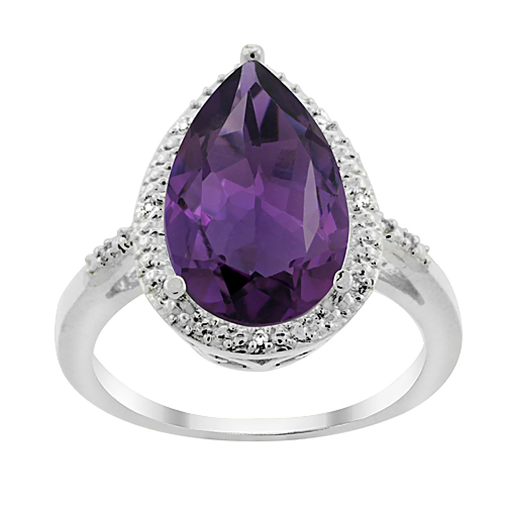 10K White Gold Genuine Amethyst Ring Pear Shape 10x15 mm Diamond Accent sizes 5 - 10