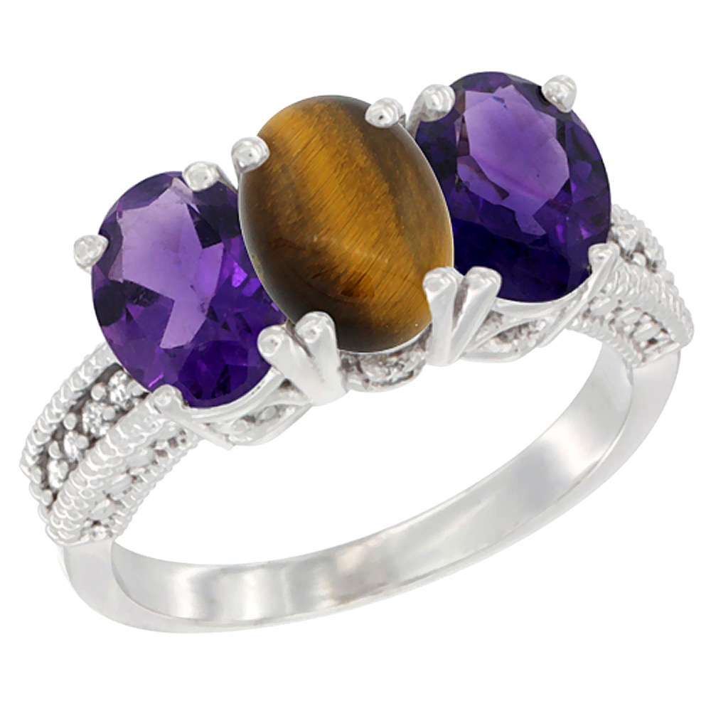 14K White Gold Natural Tiger Eye &amp; Amethyst Ring 3-Stone 7x5 mm Oval Diamond Accent, sizes 5 - 10