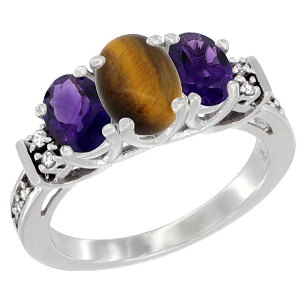 14K White Gold Natural Tiger Eye &amp; Amethyst Ring 3-Stone Oval Diamond Accent, sizes 5-10