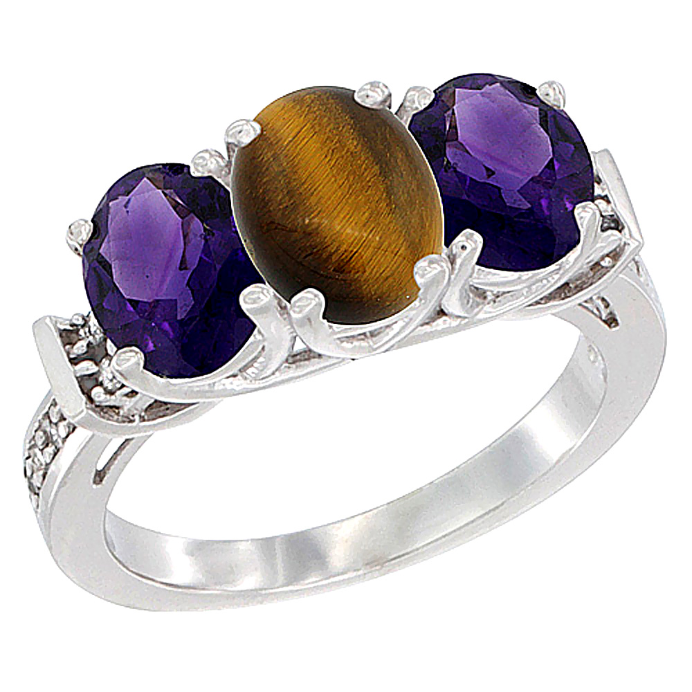 10K White Gold Natural Tiger Eye & Amethyst Sides Ring 3-Stone Oval Diamond Accent, sizes 5 - 10