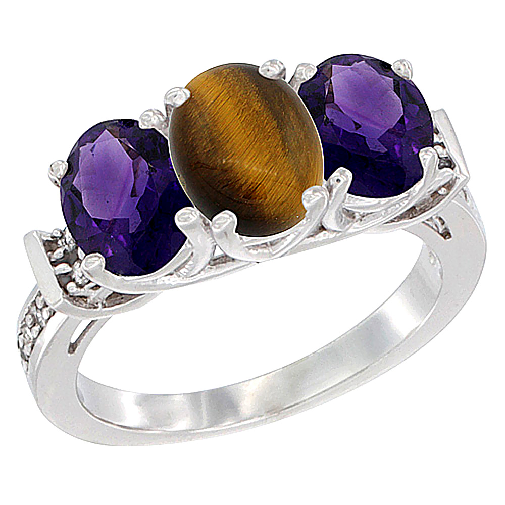 14K White Gold Natural Tiger Eye &amp; Amethyst Sides Ring 3-Stone Oval Diamond Accent, sizes 5 - 10