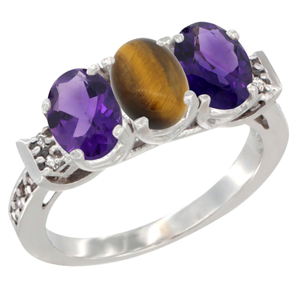 10K White Gold Natural Tiger Eye &amp; Amethyst Sides Ring 3-Stone Oval 7x5 mm Diamond Accent, sizes 5 - 10