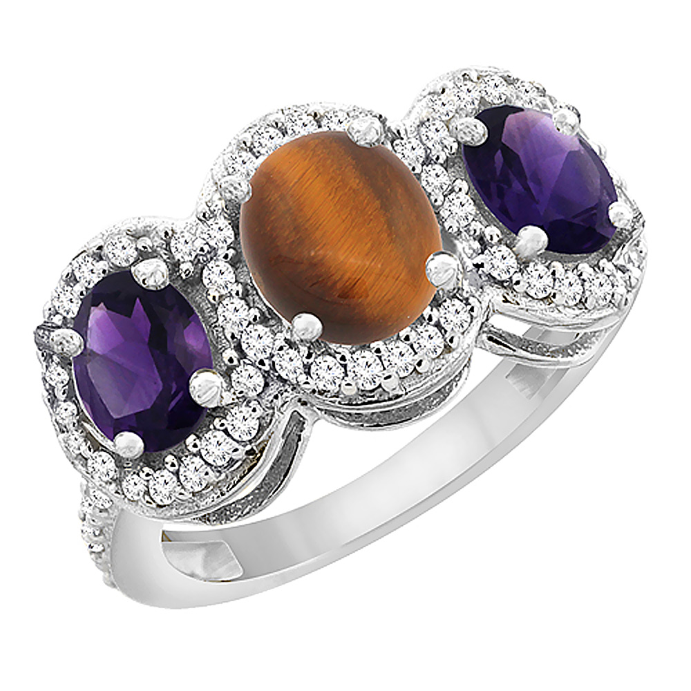 14K White Gold Natural Tiger Eye &amp; Amethyst 3-Stone Ring Oval Diamond Accent, sizes 5 - 10