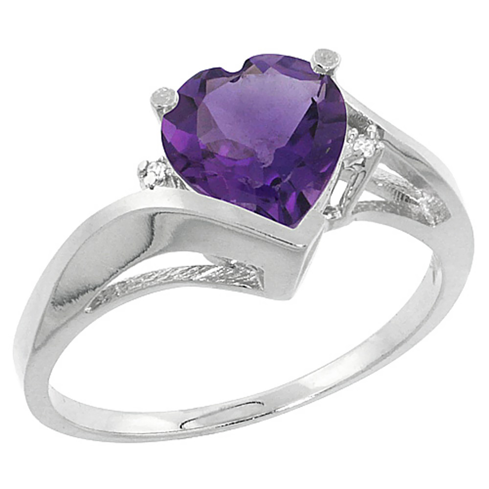 10K White Gold Genuine Amethyst Heart Ring 7mm Diamond Accent sizes 5 - 10