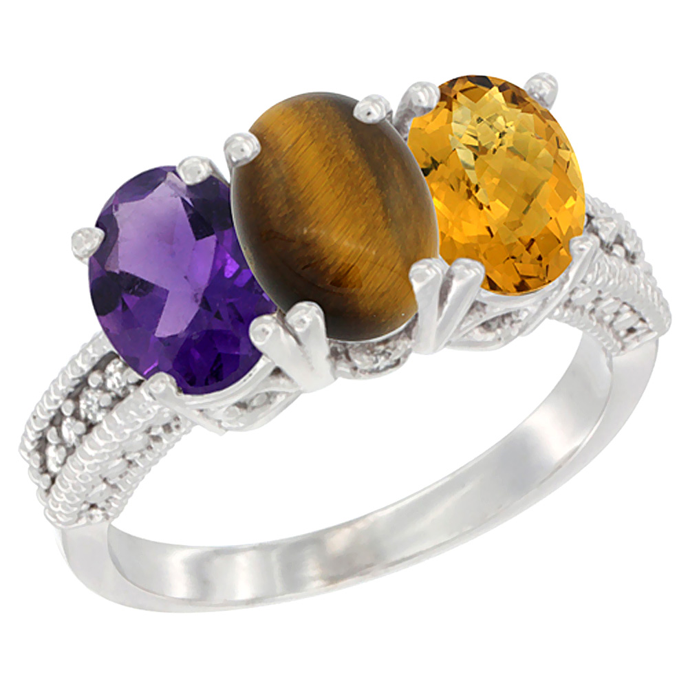 14K White Gold Natural Amethyst, Tiger Eye &amp; Whisky Quartz Ring 3-Stone 7x5 mm Oval Diamond Accent, sizes 5 - 10