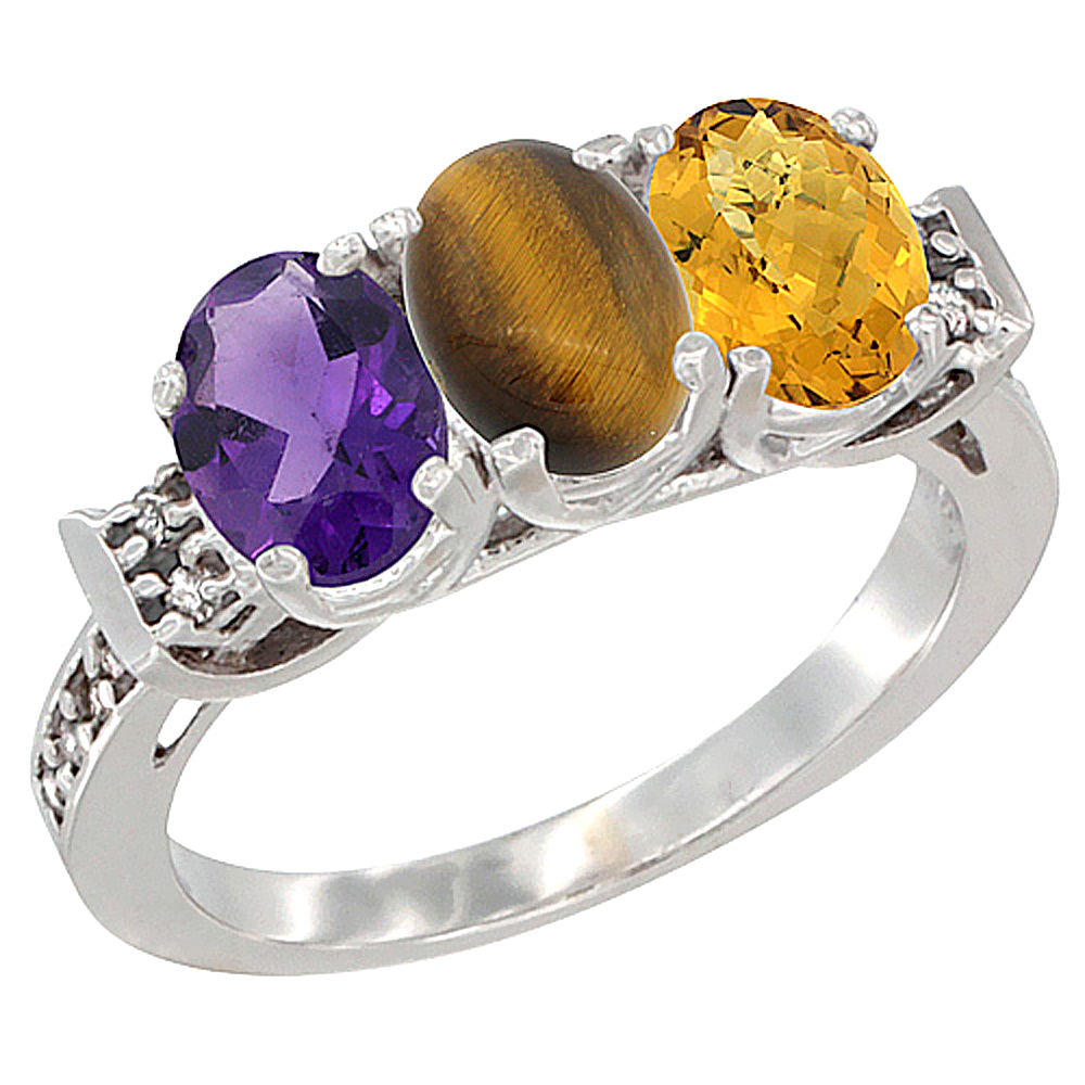 14K White Gold Natural Amethyst, Tiger Eye & Whisky Quartz Ring 3-Stone 7x5 mm Oval Diamond Accent, sizes 5 - 10