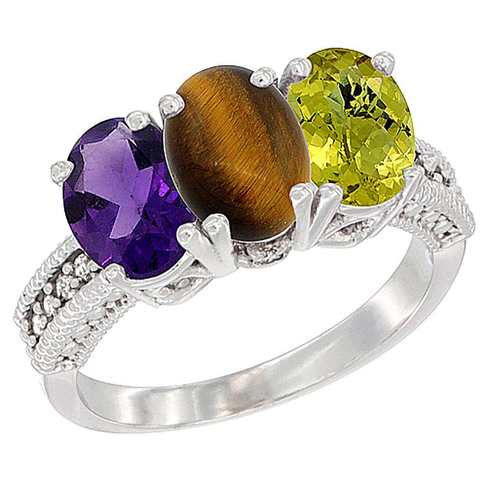 10K White Gold Natural Amethyst, Tiger Eye &amp; Lemon Quartz Ring 3-Stone Oval 7x5 mm Diamond Accent, sizes 5 - 10