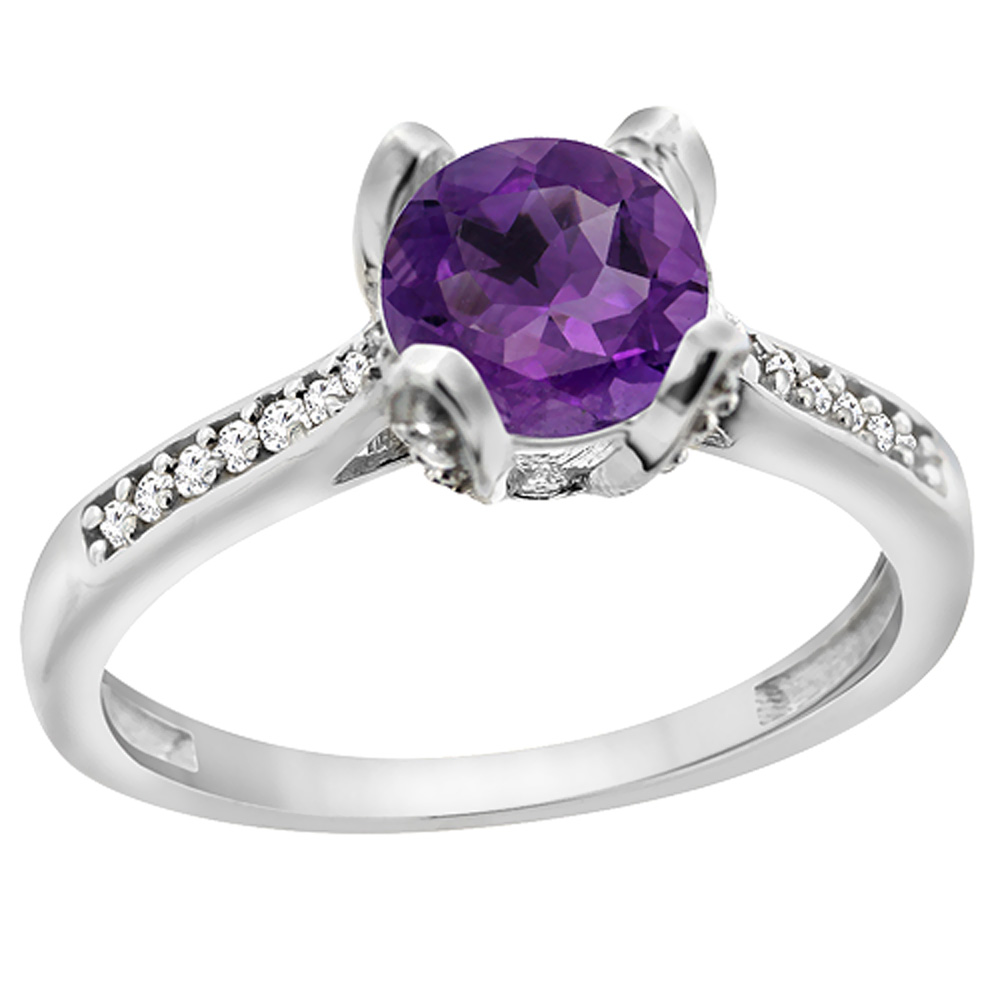 14K Yellow Gold Diamond Natural Amethyst Engagement Ring Round 7mm, sizes 5 to 10 with half sizes