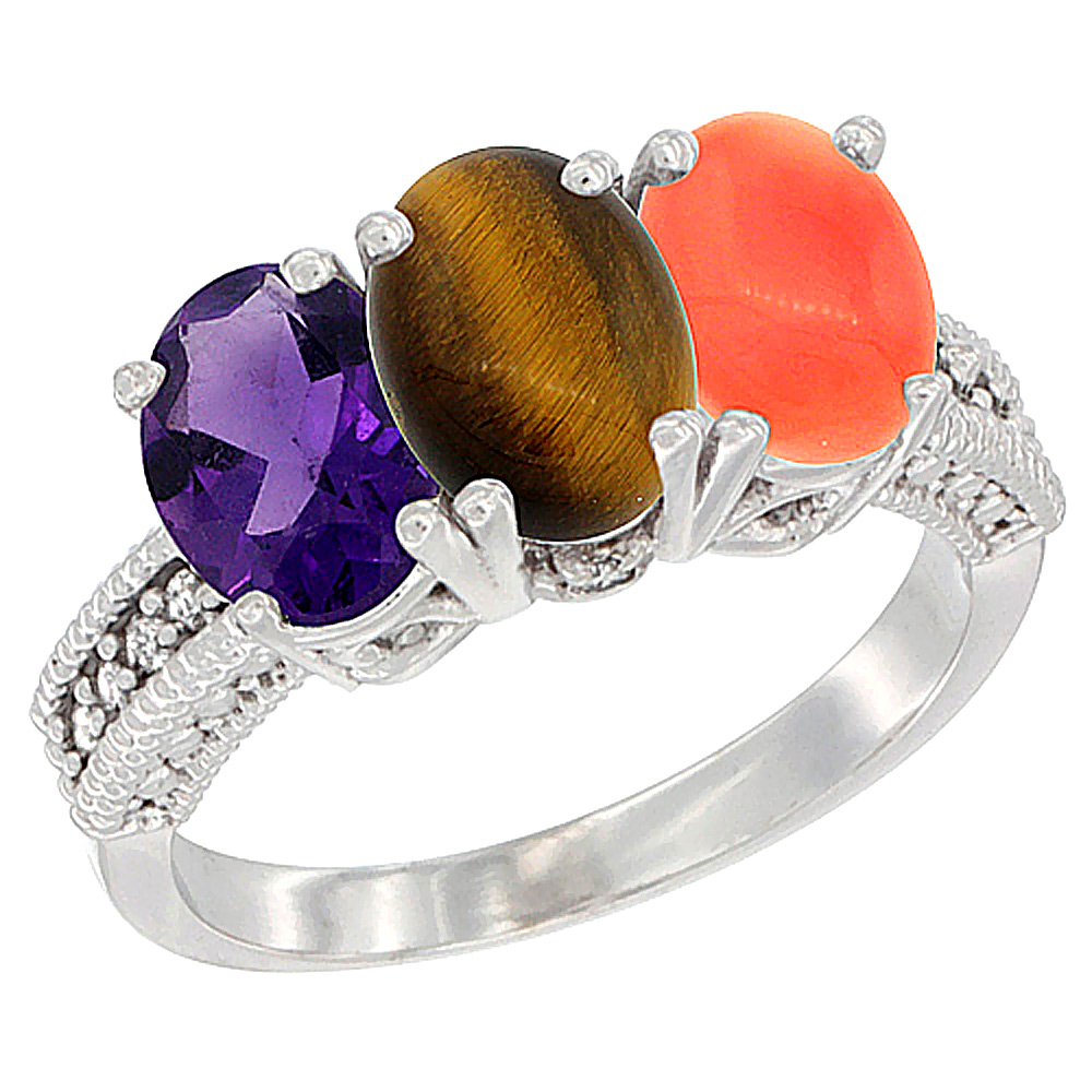 10K White Gold Natural Amethyst, Tiger Eye & Coral Ring 3-Stone Oval 7x5 mm Diamond Accent, sizes 5 - 10