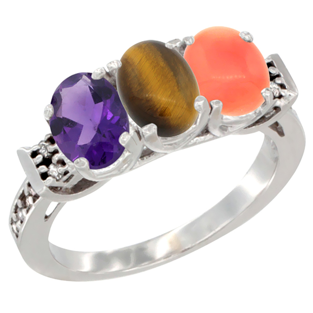 10K White Gold Natural Amethyst, Tiger Eye & Coral Ring 3-Stone Oval 7x5 mm Diamond Accent, sizes 5 - 10