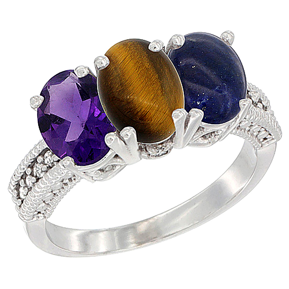 10K White Gold Natural Amethyst, Tiger Eye & Lapis Ring 3-Stone Oval 7x5 mm Diamond Accent, sizes 5 - 10