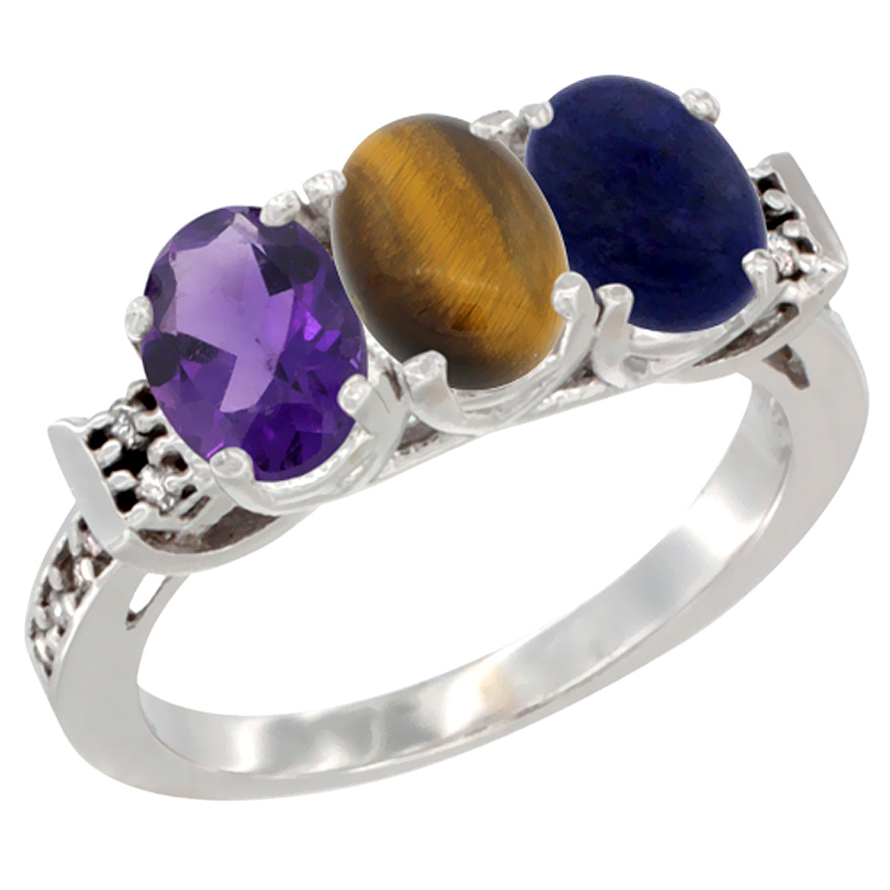 14K White Gold Natural Amethyst, Tiger Eye & Lapis Ring 3-Stone 7x5 mm Oval Diamond Accent, sizes 5 - 10