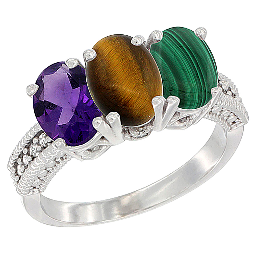 10K White Gold Natural Amethyst, Tiger Eye &amp; Malachite Ring 3-Stone Oval 7x5 mm Diamond Accent, sizes 5 - 10