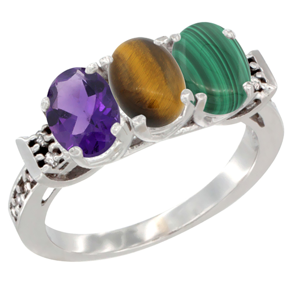 10K White Gold Natural Amethyst, Tiger Eye &amp; Malachite Ring 3-Stone Oval 7x5 mm Diamond Accent, sizes 5 - 10