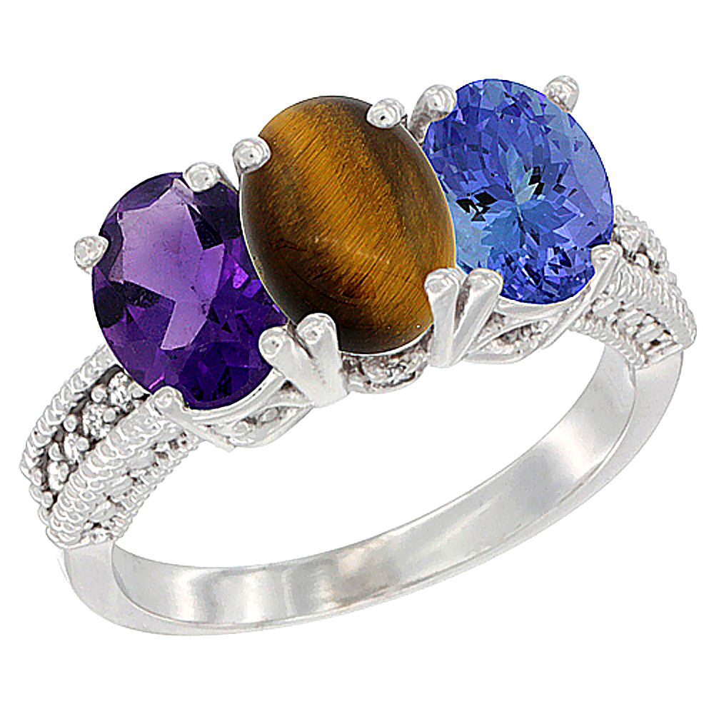 14K White Gold Natural Amethyst, Tiger Eye & Tanzanite Ring 3-Stone 7x5 mm Oval Diamond Accent, sizes 5 - 10