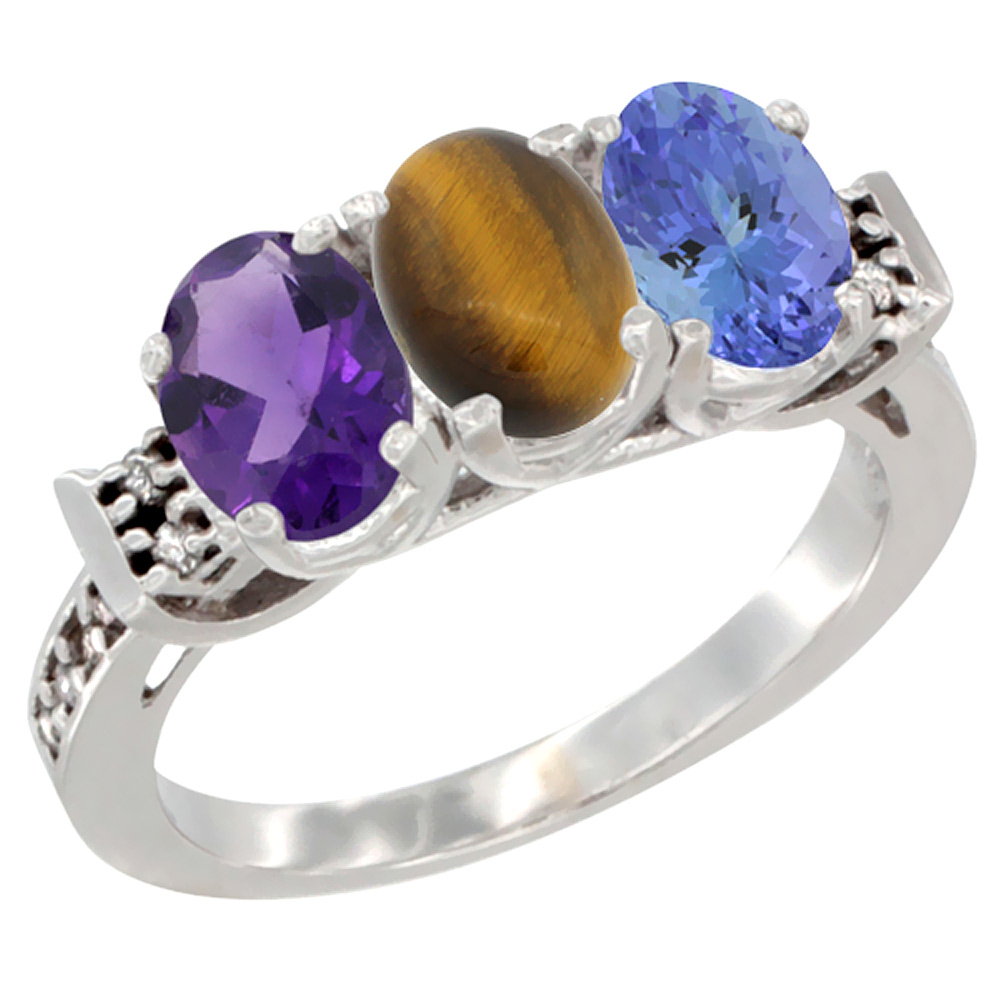 14K White Gold Natural Amethyst, Tiger Eye &amp; Tanzanite Ring 3-Stone 7x5 mm Oval Diamond Accent, sizes 5 - 10