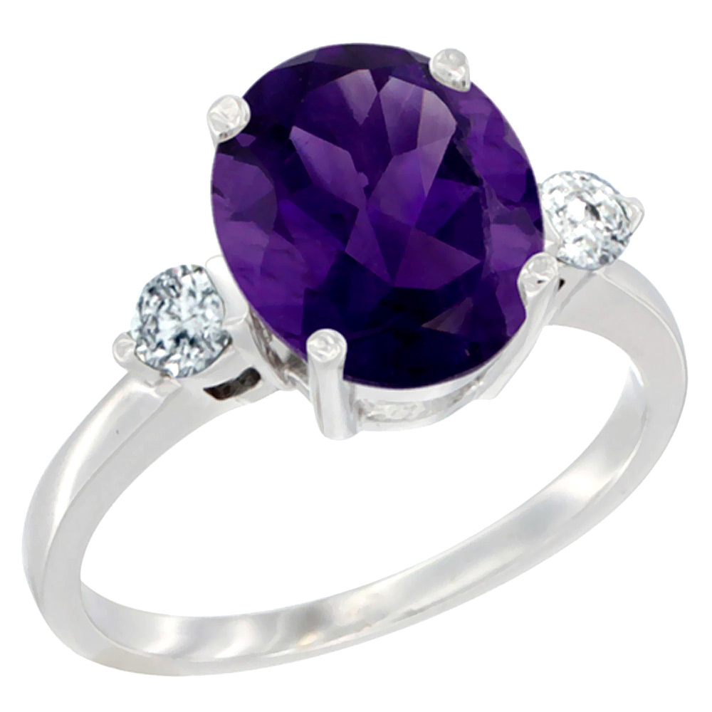 14K White Gold 10x8mm Oval Natural Amethyst Ring for Women Diamond Side-stones sizes 5 - 10