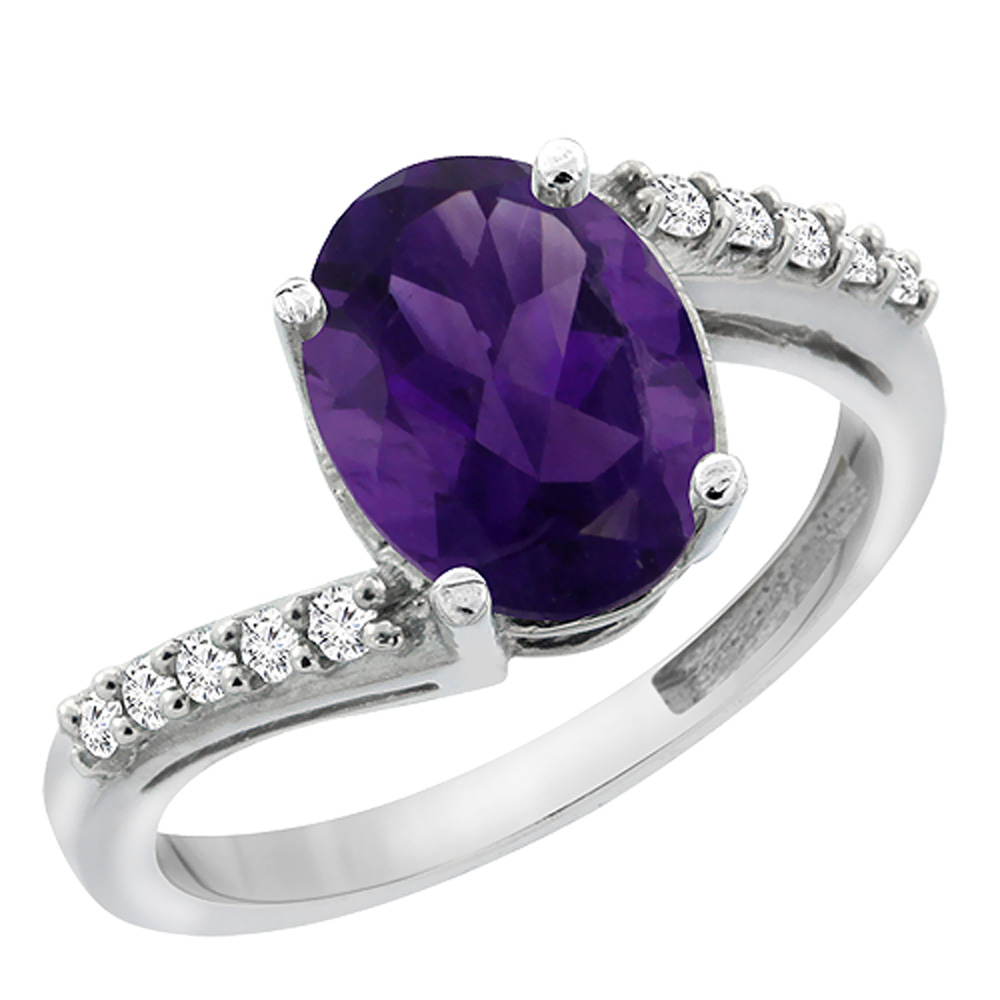 14K White Gold Diamond Natural Amethyst Engagement Ring Oval 10x8mm, sizes 5-10