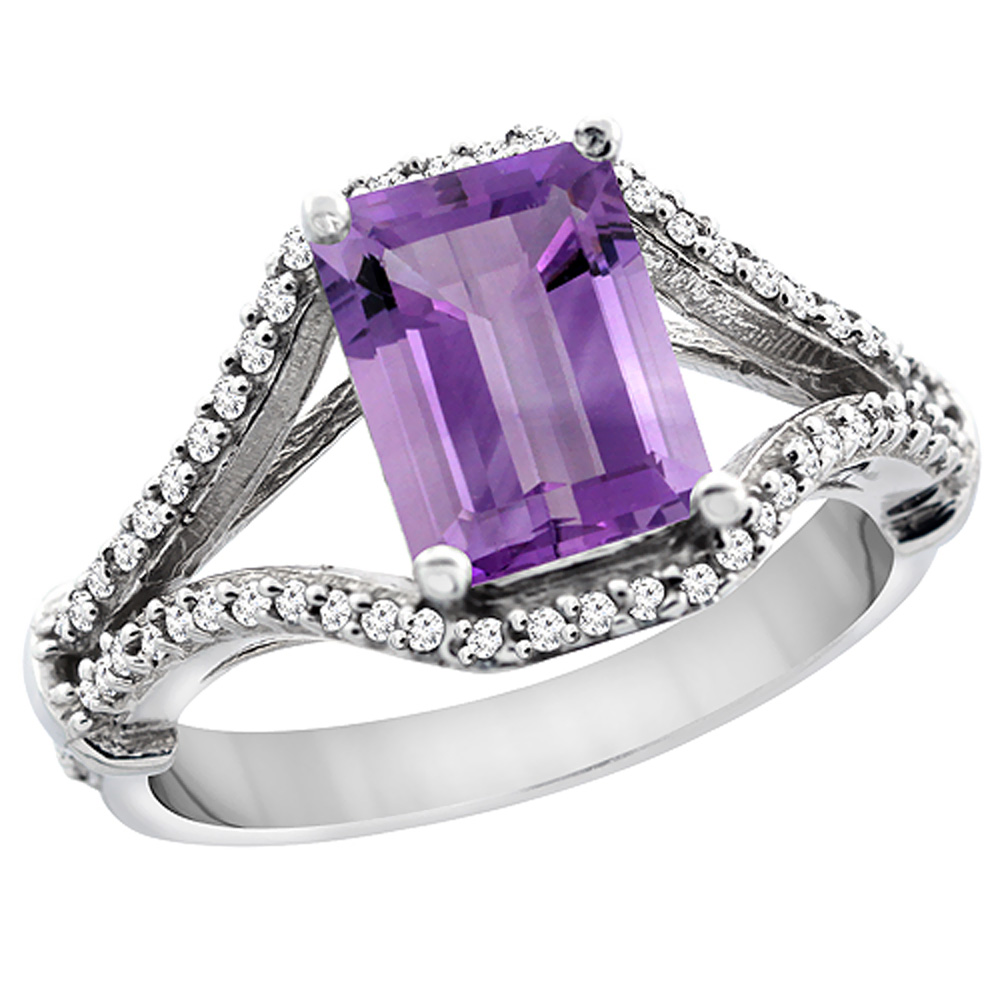 10K White Gold Genuine Amethyst Ring Octagon 8x6 mm with Diamond Accents sizes 5 - 10