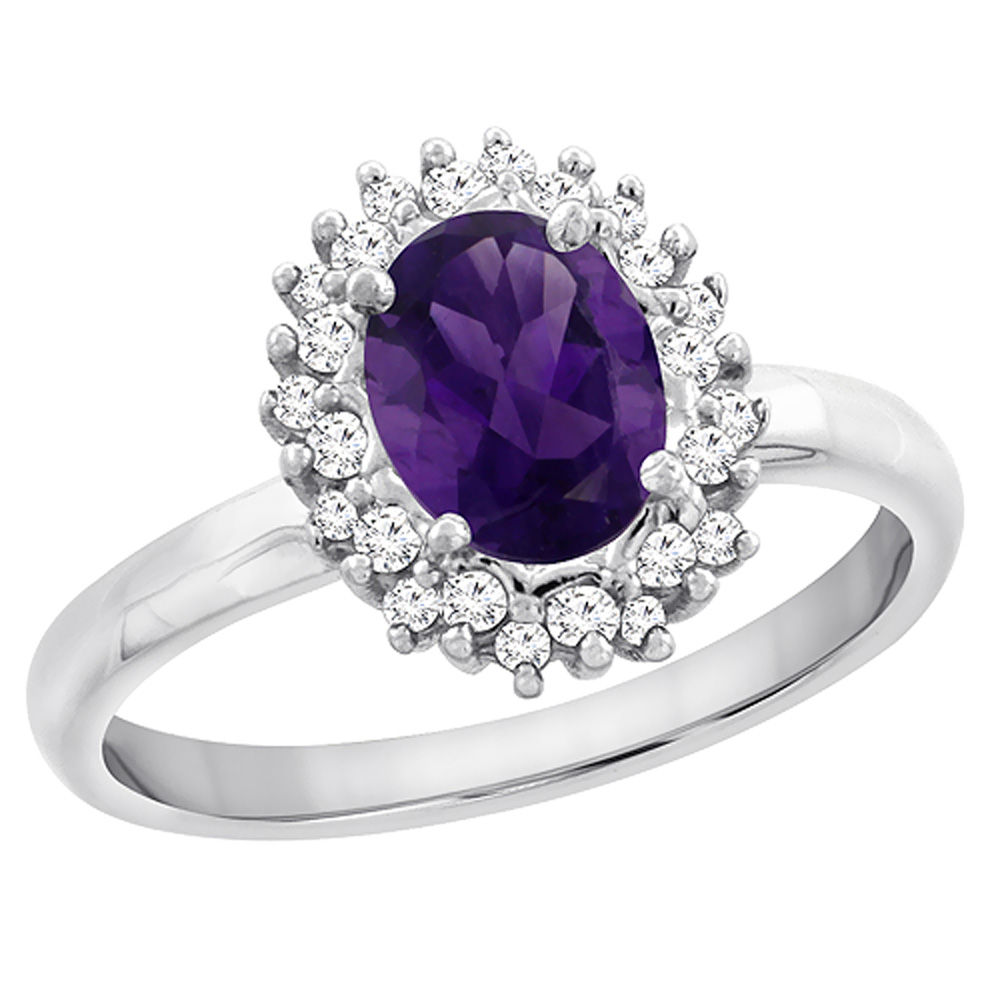 14K White Gold Diamond Natural Amethyst Engagement Ring Oval 7x5mm, sizes 5 - 10