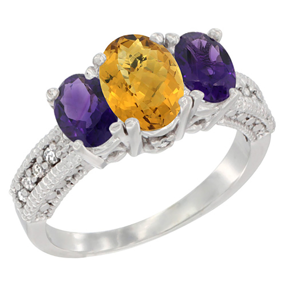 14K White Gold Diamond Natural Whisky Quartz Ring Oval 3-stone with Amethyst, sizes 5 - 10