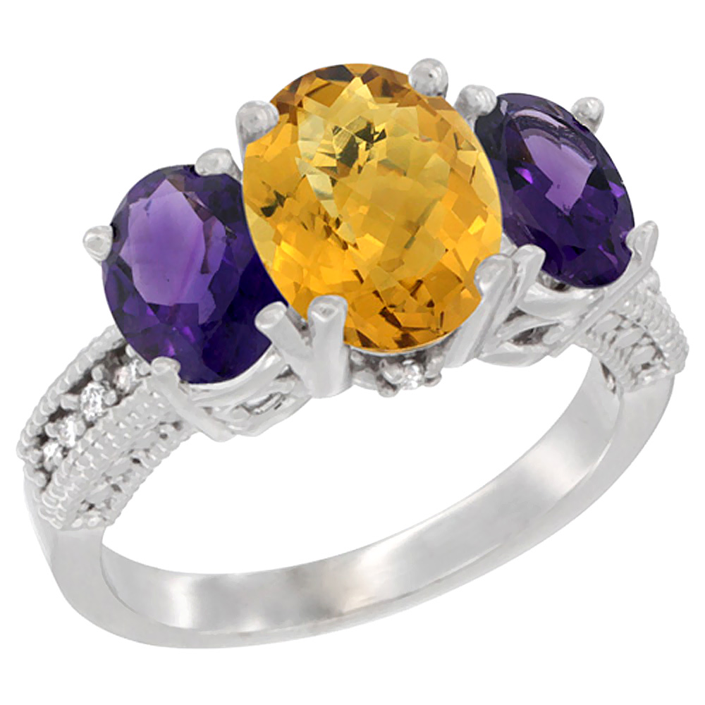 14K White Gold Diamond Natural Whisky Quartz Ring 3-Stone Oval 8x6mm with Amethyst, sizes5-10