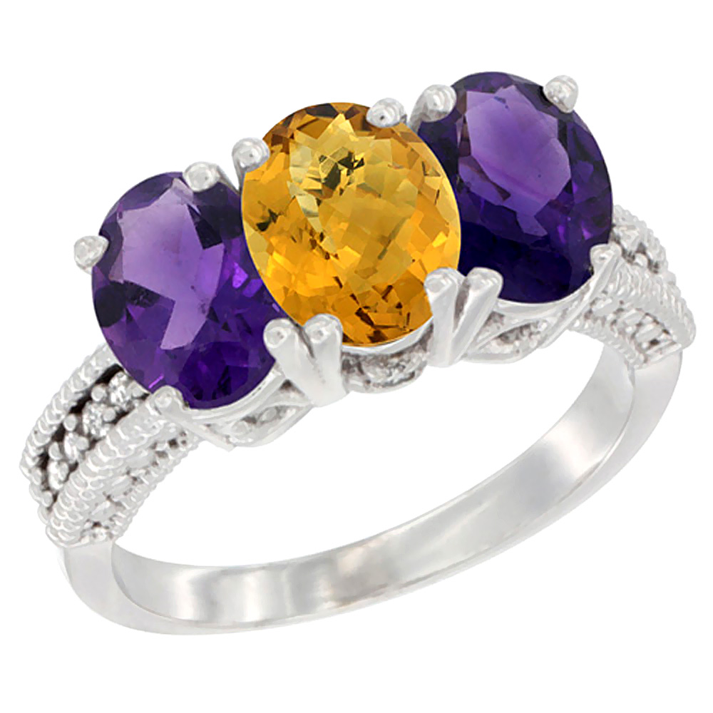 10K White Gold Natural Whisky Quartz &amp; Amethyst Sides Ring 3-Stone Oval 7x5 mm Diamond Accent, sizes 5 - 10