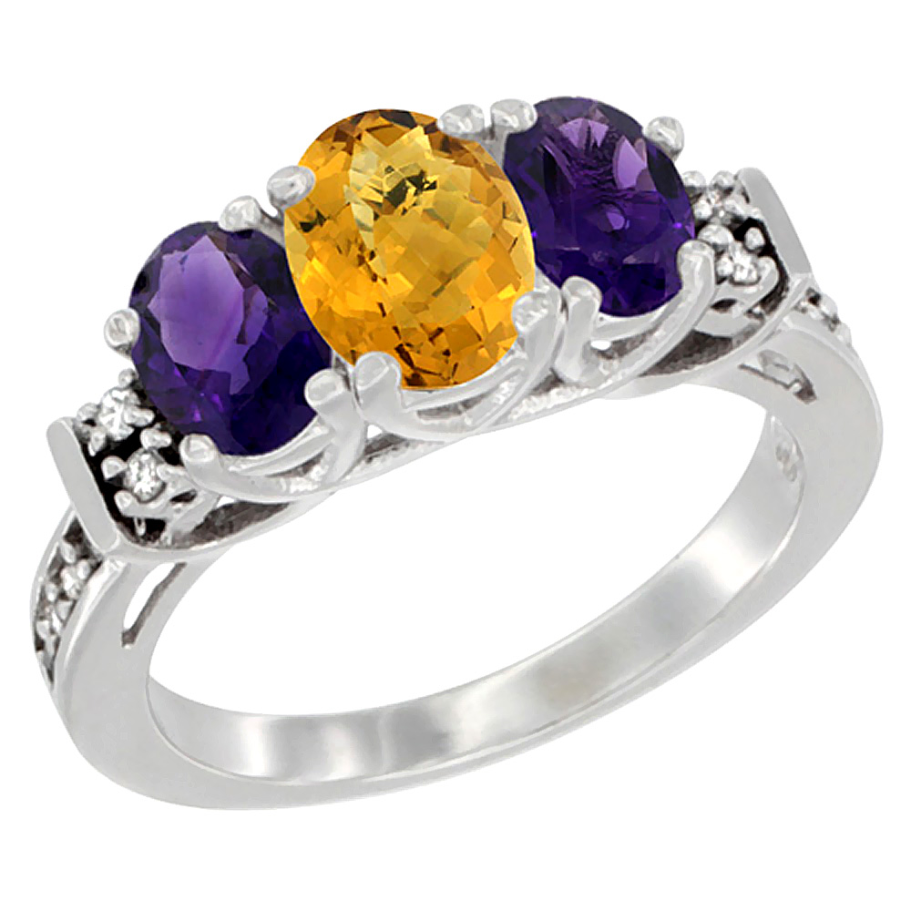 10K White Gold Natural Whisky Quartz & Amethyst Ring 3-Stone Oval Diamond Accent, sizes 5-10