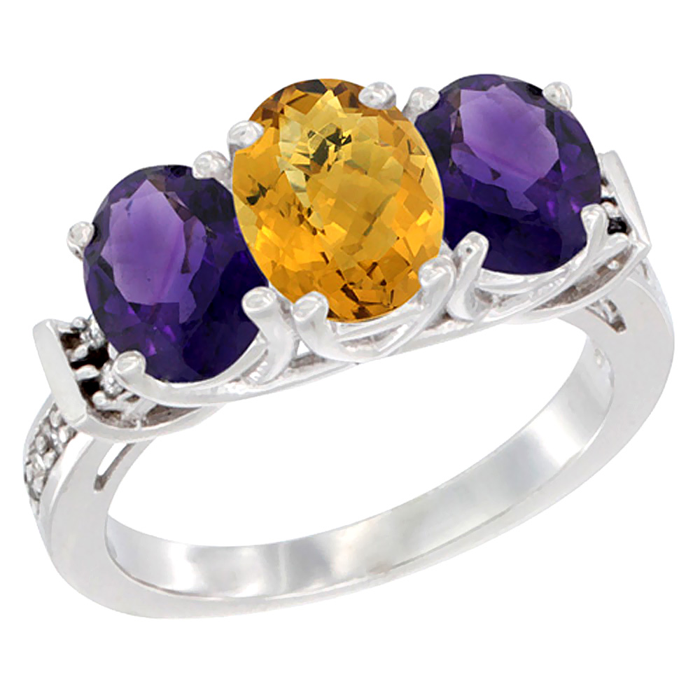 14K White Gold Natural Whisky Quartz &amp; Amethyst Sides Ring 3-Stone Oval Diamond Accent, sizes 5 - 10