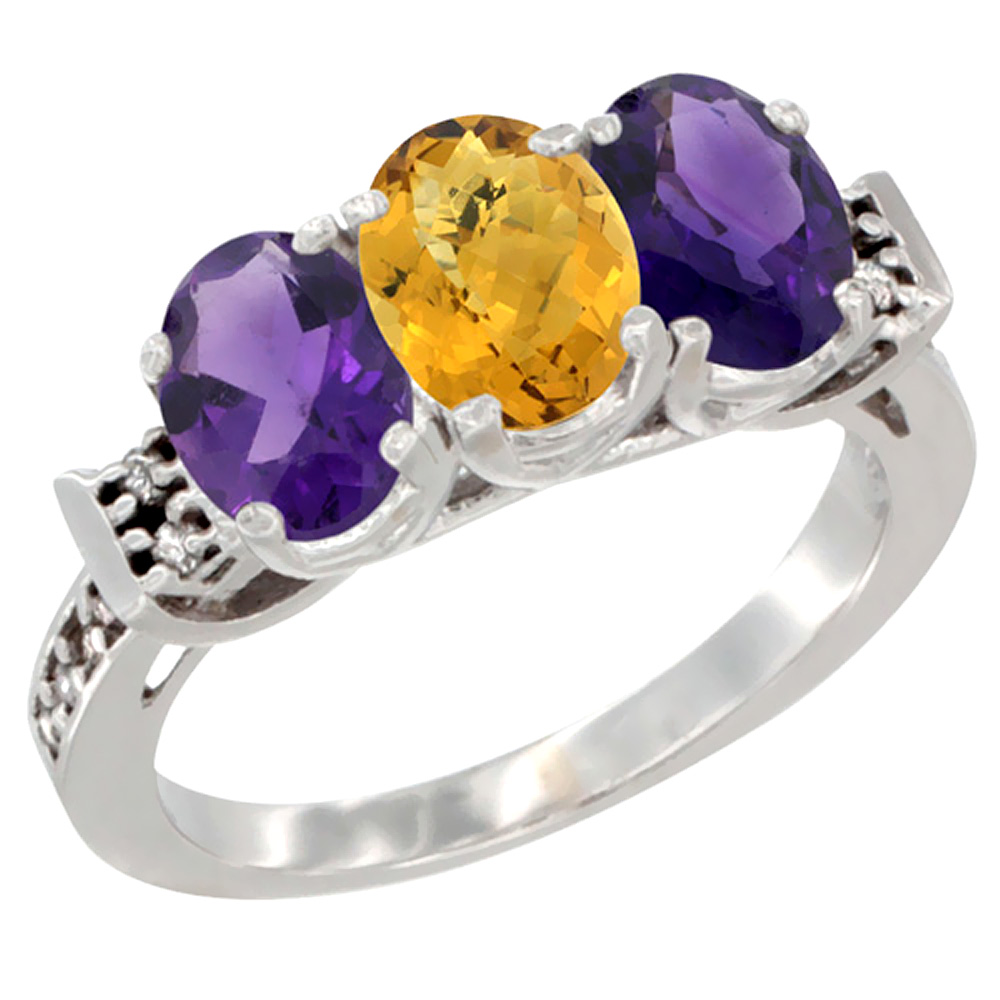 14K White Gold Natural Whisky Quartz &amp; Amethyst Sides Ring 3-Stone 7x5 mm Oval Diamond Accent, sizes 5 - 10