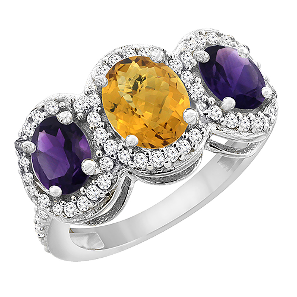 14K White Gold Natural Whisky Quartz &amp; Amethyst 3-Stone Ring Oval Diamond Accent, sizes 5 - 10