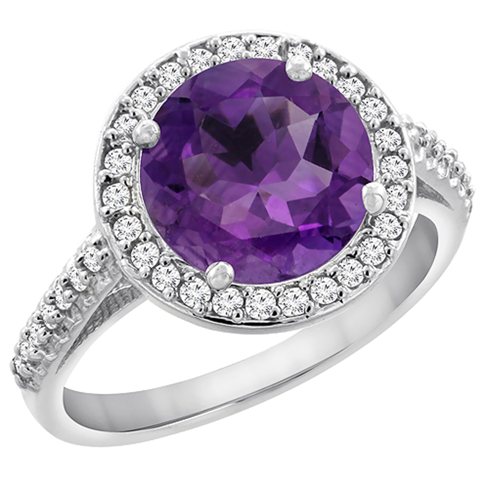 10k White Gold Diamond Halo Genuine Amethyst Ring Round 8mm sizes 5 to 10