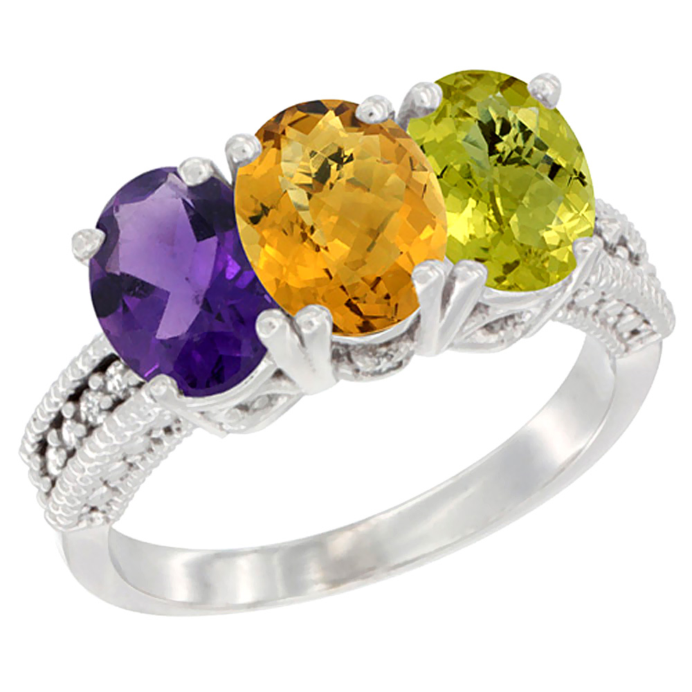 14K White Gold Natural Amethyst, Whisky Quartz & Lemon Quartz Ring 3-Stone 7x5 mm Oval Diamond Accent, sizes 5 - 10