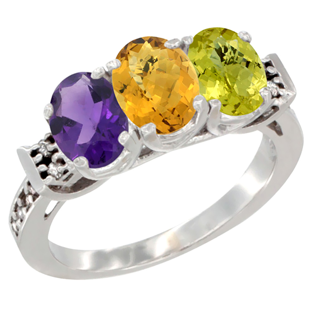 14K White Gold Natural Amethyst, Whisky Quartz & Lemon Quartz Ring 3-Stone 7x5 mm Oval Diamond Accent, sizes 5 - 10