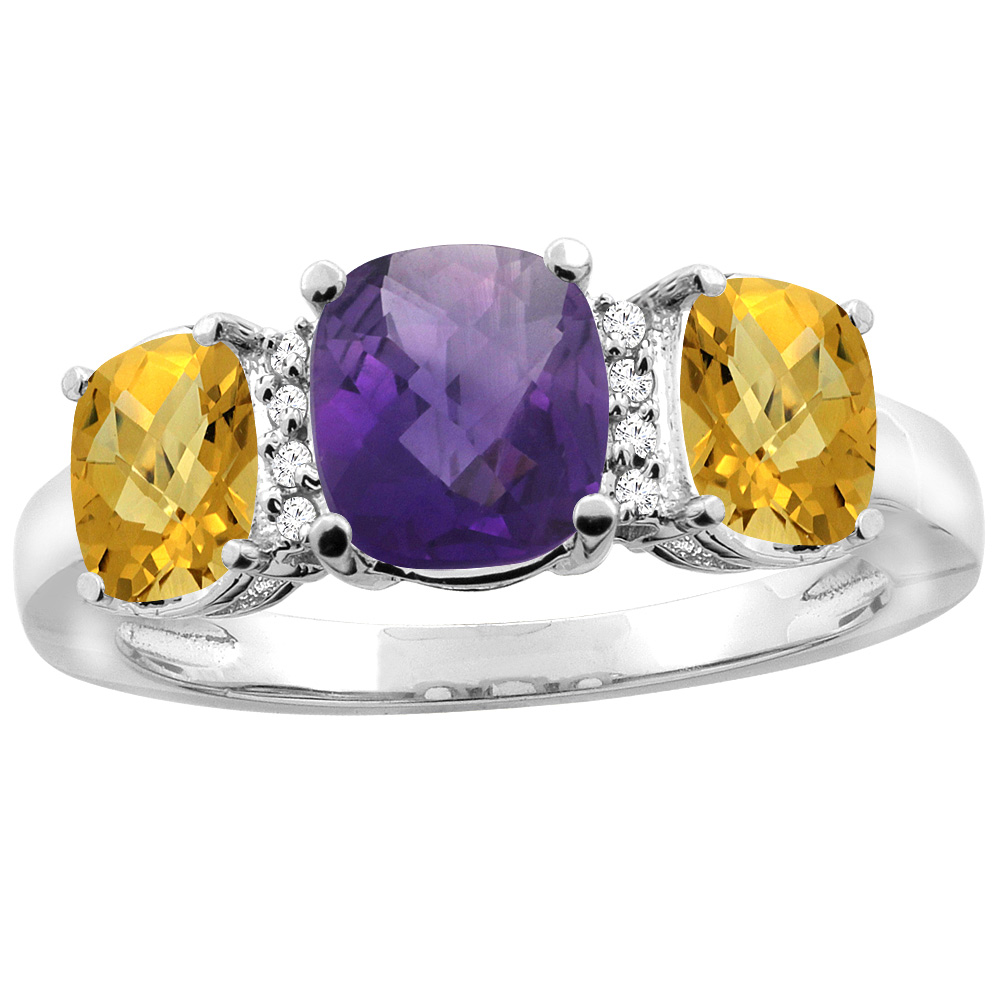 14K Yellow Gold Natural Amethyst &amp; Whisky Quartz 3-stone Ring Cushion 8x6mm Diamond Accent, sizes 5 - 10