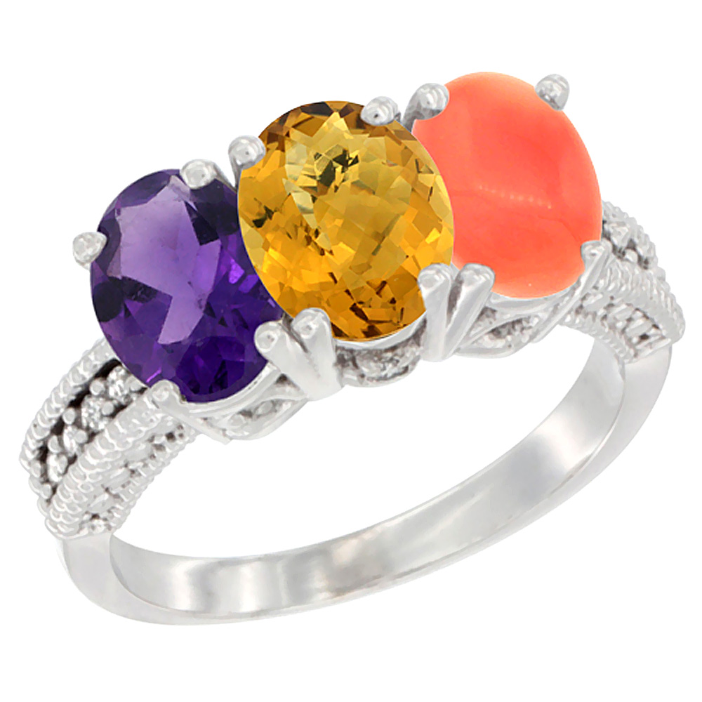 14K White Gold Natural Amethyst, Whisky Quartz &amp; Coral Ring 3-Stone 7x5 mm Oval Diamond Accent, sizes 5 - 10