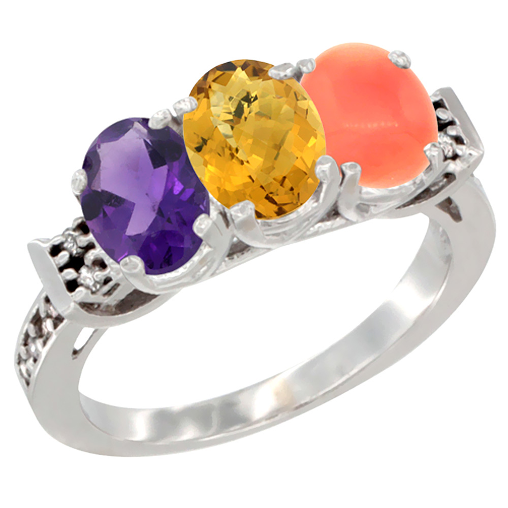 14K White Gold Natural Amethyst, Whisky Quartz &amp; Coral Ring 3-Stone 7x5 mm Oval Diamond Accent, sizes 5 - 10