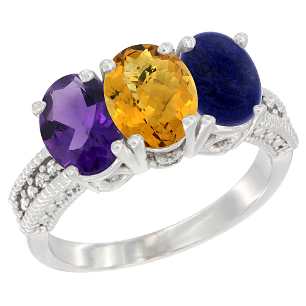 14K White Gold Natural Amethyst, Whisky Quartz & Lapis Ring 3-Stone 7x5 mm Oval Diamond Accent, sizes 5 - 10